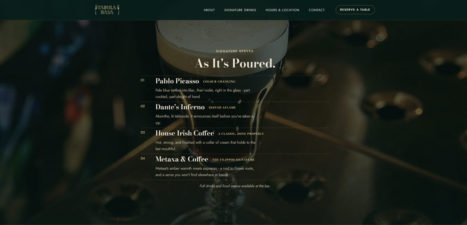 Tabula Rasa's Signature Serves page, listing house cocktails